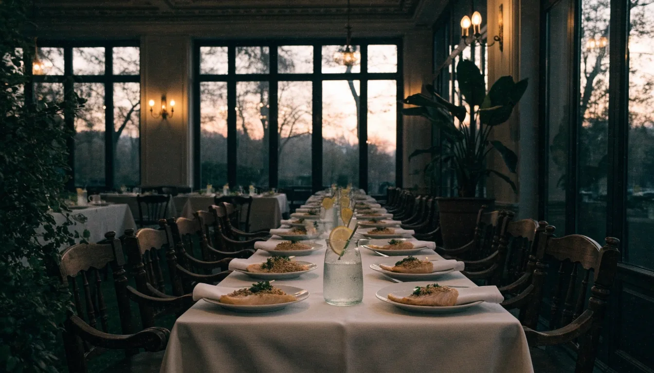 Prostřený dlouhý stůl v zimní zahradě restaurace Bílé Doliny před tematickou večeří