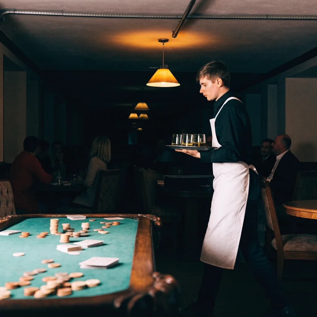 Stoly v pokerové herně s žetony a rozdávanými kartami v teplém světle