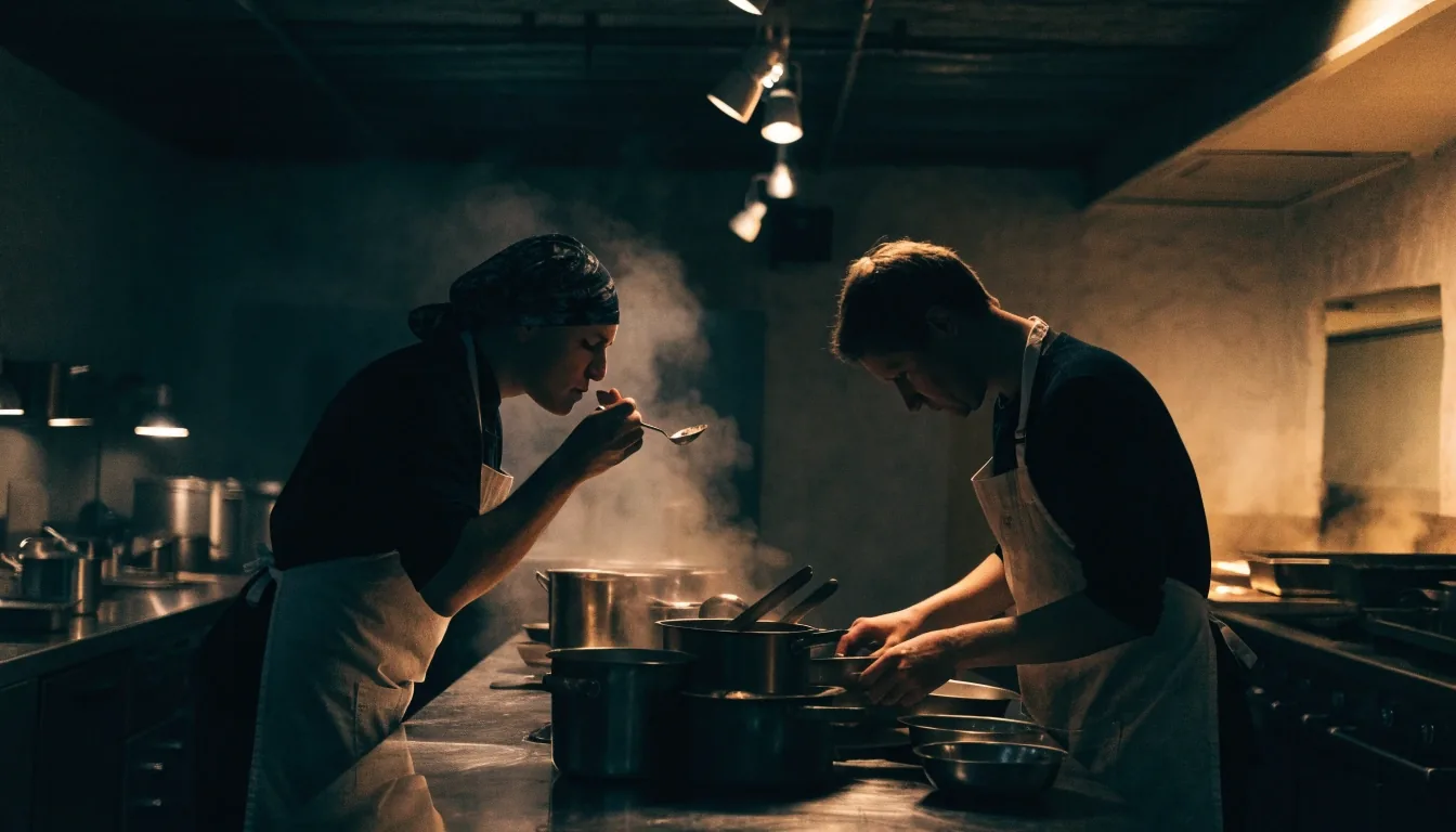 Kuchaři u výdejního pultu při večerní službě v restauraci Bílá Dolina