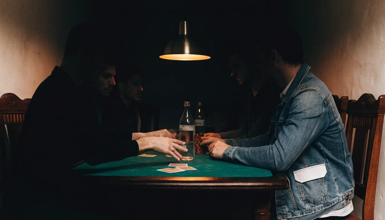 Pokerový stůl pod jedním nízkým světlem, karty lícem dolů a žetony na plsti